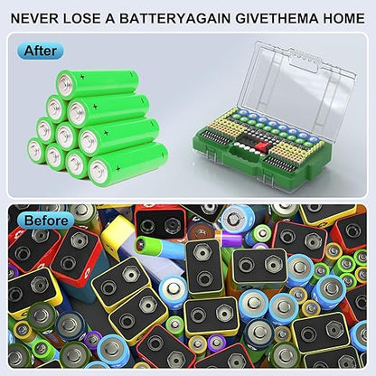 Battery Organizer Storage Holder Box Case with Tester, Ultra-Large 280+ Batteries Double-Sided Variety Pack,Holds AA AAA 4A C D Cell 9V 3V Lithium18650 LR44 CR2 CR123 CR1632 - Green