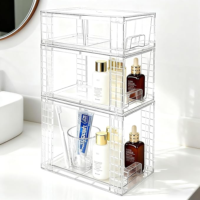 3 Pack Stackable Storage Drawers, Clear Plastic Storage Bins with Pull-out Handle for Kitchen Pantry Cabinet Bathroom Under Sink Organization