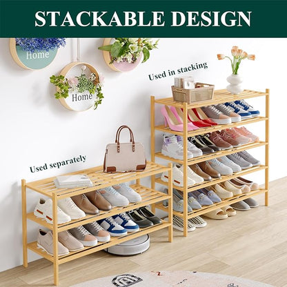 Smiry Long Bamboo Shoe Rack 6-Tier, Stackable Wooden Shoe Organizer for Entryway & Closet, Free Standing Wood Shoe Storage Shelf for Front Door & Small Spaces, Natural