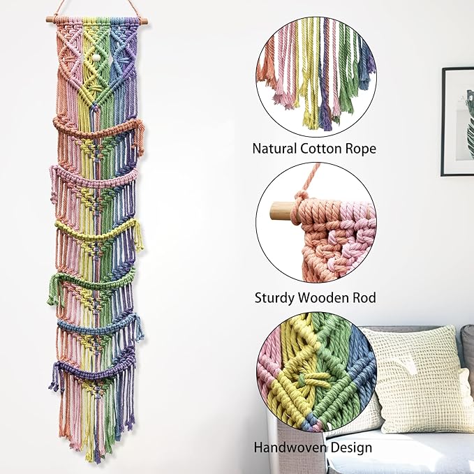 KaloKalo Macrame Cap Holder Boho Hat Hangers Over Door Decorative Bohemian Handmade Ball Cap Rack Organizer Colorful Woven Wall Hanging for Baseball Cap Display Decorations (Rainbow, Up to 12 Caps)