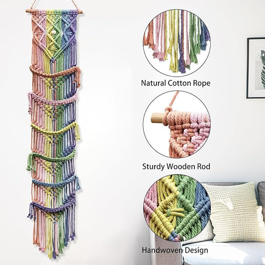 KaloKalo 2PCS Macrame Cap Holder Boho Hat Hangers Over Door Decorative Bohemian Handmade Ball Cap Rack Organizer Woven Wall Hanging for Baseball Cap Display Decorations (Rainbow, Up to 24 Caps)