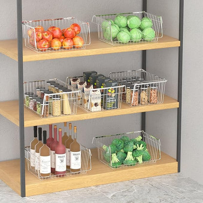 Wire Storage Baskets Stackable Large Metal Storage Organization, Pantry Storage Organizing Household Wire Baskets with Handles for Kitchen, Pantry, Bathroom, Cabinets, Bedrooms, Set of 2