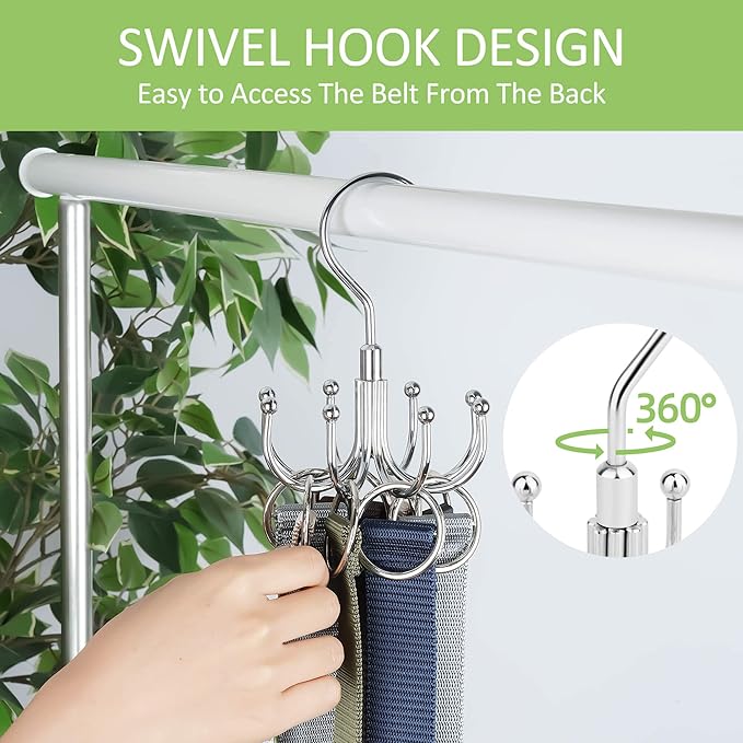 OMHOMETY Belt Hanger, 2 Pack Rotatable Belt Organizer for Closet, Accessories Rack, Space Saving Hanging Holder Storage Hook for Belt, Tie, Scarf, Purse, Bra, Tank Top, Silver