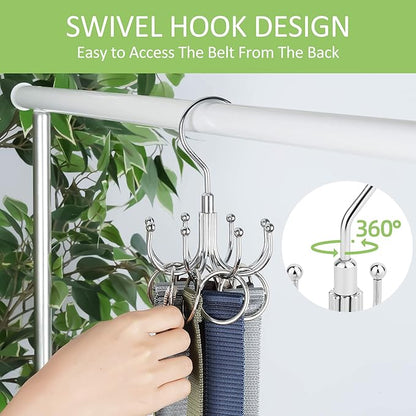OMHOMETY Belt Hanger, 2 Pack Rotatable Belt Organizer for Closet, Accessories Rack, Space Saving Hanging Holder Storage Hook for Belt, Tie, Scarf, Purse, Bra, Tank Top, Silver