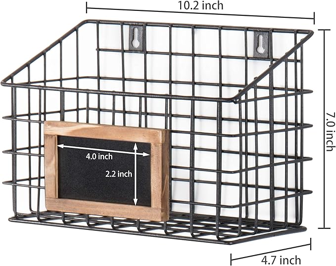 MyGift 10 Inch Wall Mounted Matte Black Metal Wire Storage Baskets with Chalkboard Labels, Small Hanging Organizer Bins for Home Entryway Kitchen Pantry Closet, Set of 3