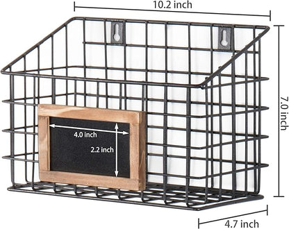 MyGift 10 Inch Wall Mounted Matte Black Metal Wire Storage Baskets with Chalkboard Labels, Small Hanging Organizer Bins for Home Entryway Kitchen Pantry Closet, Set of 3