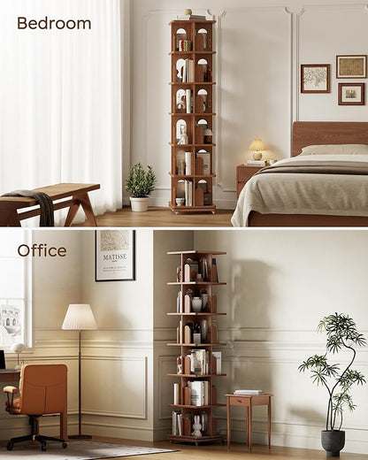 Solid Wood Rotating Bookshelf Tower with Book Ends, 6 Tier Corner Book Shelf with Wheels, Spinning Bookshelf Kids, Revolving Bookcase Shelf, Tall Narrow Book Case for Small Spaces, Walnut
