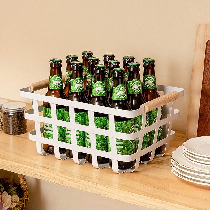 Farmhouse Baskets Wire Storage Metal Baskets Storage Bin Basket Organizer Farmhouse fruit Bin with Wood Handles for Pantry Cabinets Rustic Kitchen Counter Closet,2 Pack - White