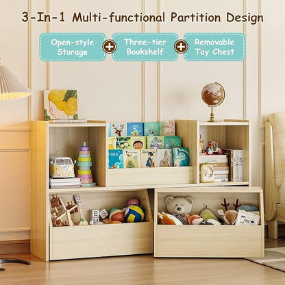 Kids Bookshelf and Toy Storage, 2-Tier Toddler Bookshelf with Storage Cubbies and 2 Movable Drawers on Wheels, Toy Storage Organizer, Montessori Bookcase for Kids Room, Playroom, Nursery