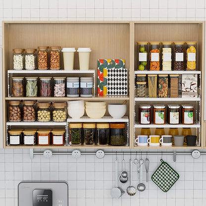 Stackable Expandable Metal Shelf Organizer - Adjustable Wire Storage Rack with Holes for Kitchen, Bathroom, Cabinet, Office - Space Saving, Durable & Sturdy Design（2PACKS/Medium/White