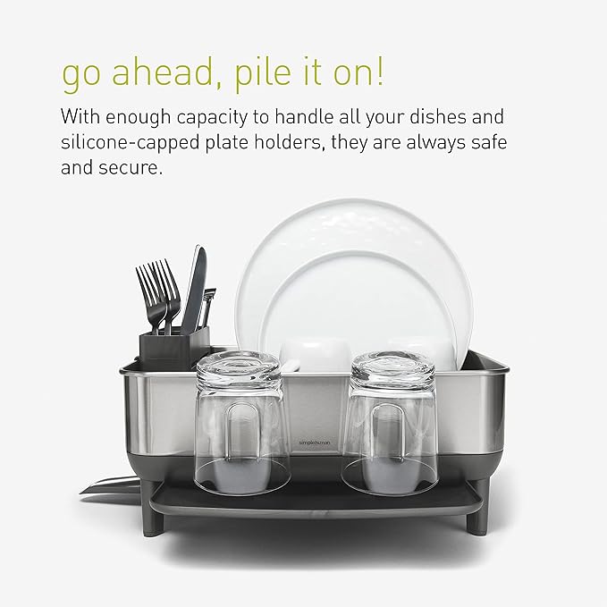 simplehuman Compact Dish Drying Rack with Stainless Steel Frame, 360º Easy Drain Swivel Spout, Utensil Holder, Anti-Residue Coating, Moisture Control Surface, Grey