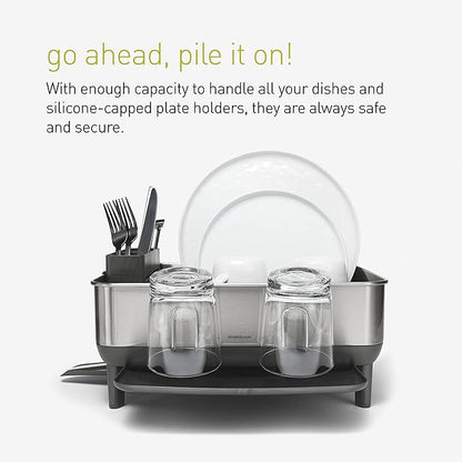 simplehuman Compact Dish Drying Rack with Stainless Steel Frame, 360º Easy Drain Swivel Spout, Utensil Holder, Anti-Residue Coating, Moisture Control Surface, Grey