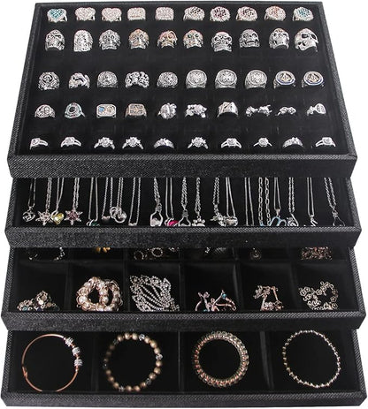 Julysky 4 Pcs/set Stackable Jewelry Organizer Trays for Drawer,100 Slots Ring Tray，Necklace Tray,12 Grid,24 Grid Jewelry Displays for Selling,Black