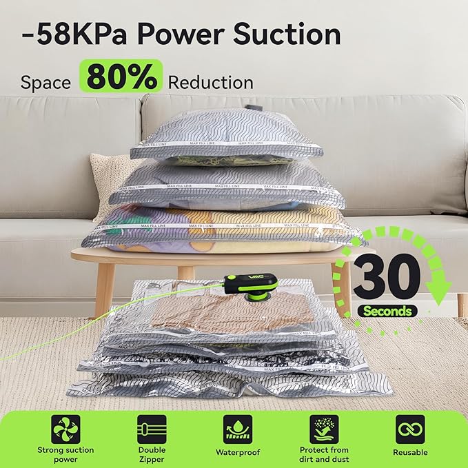VACKFOX 12 Pack Travel Vacuum Bags for Clothing with USB and TYPE C Pump, Compression Seal Packing Cubes for Luggage Suitcase Backpack,Carry-on Size Space Saver Storage Bags for Vacation Cruise（Green）
