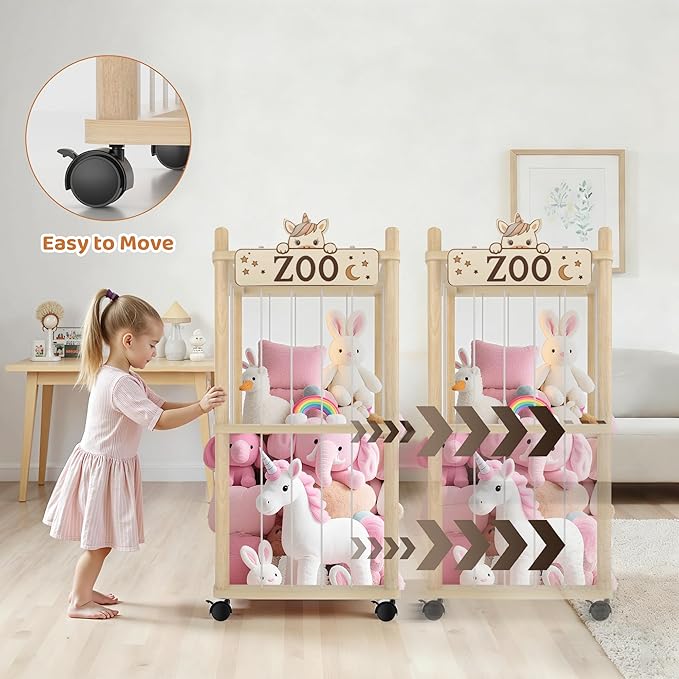 2 Tier Stuffed Animal Storage Zoo Tower,56In Wooden Large Stuffed Animal Holder Organizer with Wheels,Stuffy Plushies Storage with Elastic Band&Mesh Bottom,Toy Storage Organizers for Playroom Nursery