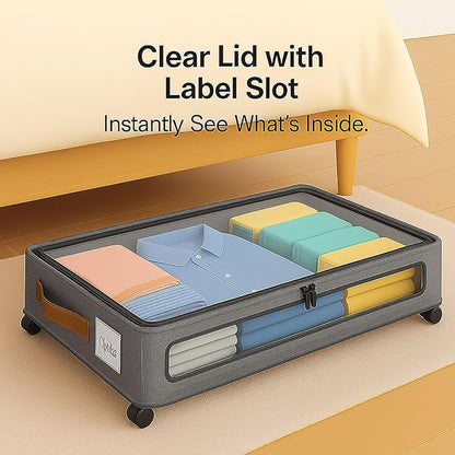 Under Bed Storage with Wheels – Foldable Rolling Organizer Bin with Lid & Label Slot, Clothes Storage Box for Blankets, Shoes, Sweaters, Underbed Storage Container for Bedroom & Closet (Gray*2pcs)