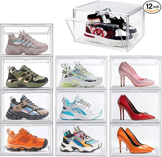 3BBYJL 12 Pack Acrylic Sneakr Shoe Display Case, Size 12.5 Shoe Storage Boxes Clear Stackable Purse Handbag Organizer Under Bed Storage Bins with Magnetic Lids