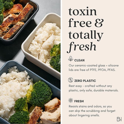 Ceramic Coated Glass Food Storage Container | No PTFE, PFOA, PFAS, and BPA | Reusable Non Toxic Meal Prep Container with Glass Lid | Easy To Store | 8 Cup Square [Pine]