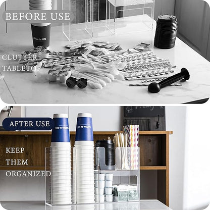 Paper Cup and Lid Holder with Straw Organizer, 6 Compartment Disposable Coffee Cup Dispenser for Countertop Coffee Bar Accessories Restaurant Breakroom, Acrylic, Clear