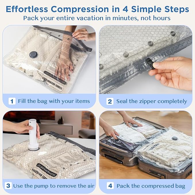 SORON 15 Pack Vacuum Seal Bags for Clothing Travel, Travel Vacuum Storage Bags with Rechargeable air Pump, Carry-on Size Compression for Luggage and Suitcases, Space Saver for Clothes