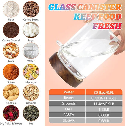 Glass Jars with Airtight Lid Scoop30oz, Glass Coffee Ground Jar Container Round Clear Glass Storage Canister for Bean Spice Pantry Sugar Tea Seasoning Cookies Candy Chocolate (900ml(30oz)-1 Pack-B)