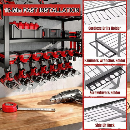 Power Tool Organizer Wall Mount, 150Lbs 3 Layer Metal Tool Storage Rack with 7 Cordless Drill Holder Heavy Duty, Battery Drills Storage Tool Organizer for Workshop,Garage,Tool Room,Pegboard