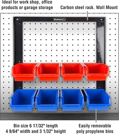 8 Bin Storage Rack Organizer- Wall Mountable Garage Shelving with Removeable Bins for Tools, Hardware, Crafts, Office Supplies and More by Stalwart