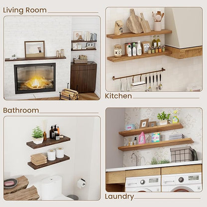 Floating Shelves for Wall Decor, 8" Deep Rustic Solid Elm Wood Floating Shelves Wall Mounted, Wall Shelves with Invisible Bracket for Living Room Bathroom Bedroom Kitchen, 48 Inch Set of 1, Natural