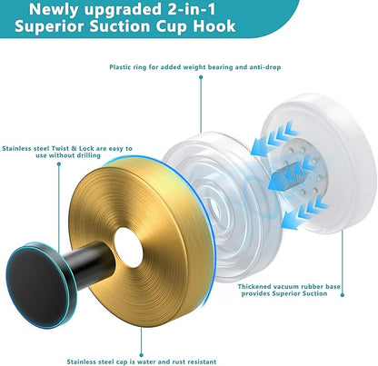 Epritliber Suction Cup Hooks for Shower,Wreath Hanger for Front Door,Removable No Drill Towel Loofah Hooks,Upgraded 15 lbs Strong Suction for Bathroom,Wall,Glass,Stainless Waterproof-Black Gold 4 Pcs
