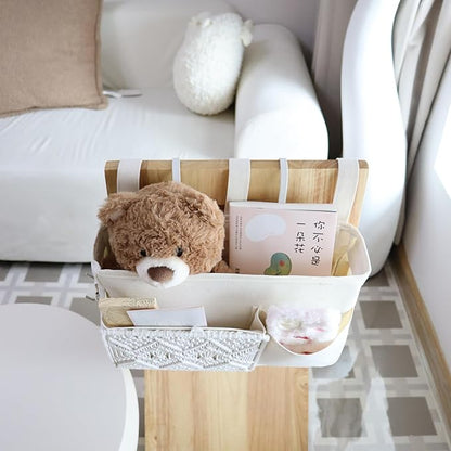 GYASVWU Boho Hanging Bedside Caddy Organizer, Macrame Bedside Pocket, Bunk Bed Organizer for Dorm Room , Baby Bed Rails, Magazine Storage, Toy Storage (White)