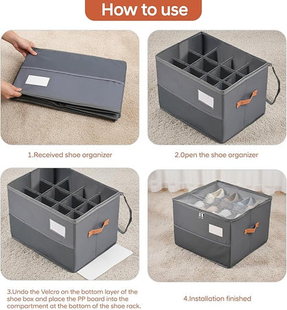 Chewlish Shoe Organizer for Closet, Foldable Shoe Box Storage Containers with Clear Cover, Smooth Zipper, Reinforced Handles and Bottom Support, Space Saving Shoes Holder, Gray (1, Small)