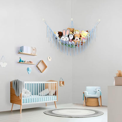 Stuffed Animal Hammock Corner, Hand-knitted Large Plushie Net Toy Hammock with Wooden Rings | Boho Cute Stuff Animal Storage for Nursery & Bedroom | Mesh Kids Toy Organizer Holder Nursery Room Decor