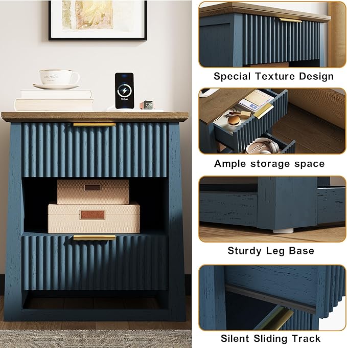 HIFYOBRO Fluted Nightstands with Charging Station & Motion Sensor Light, Modern Bedside Tables with 2 Drawers and Storage Shelf for Bedroom,Blue