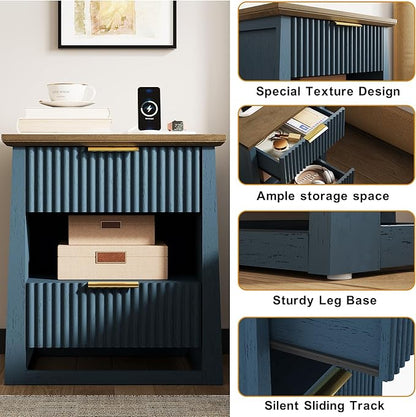 HIFYOBRO Fluted Nightstands Set of 2 with Charging Station & Motion Sensor Light, Modern Bedside Tables with 2 Drawers and Storage Shelf for Bedroom, Blue
