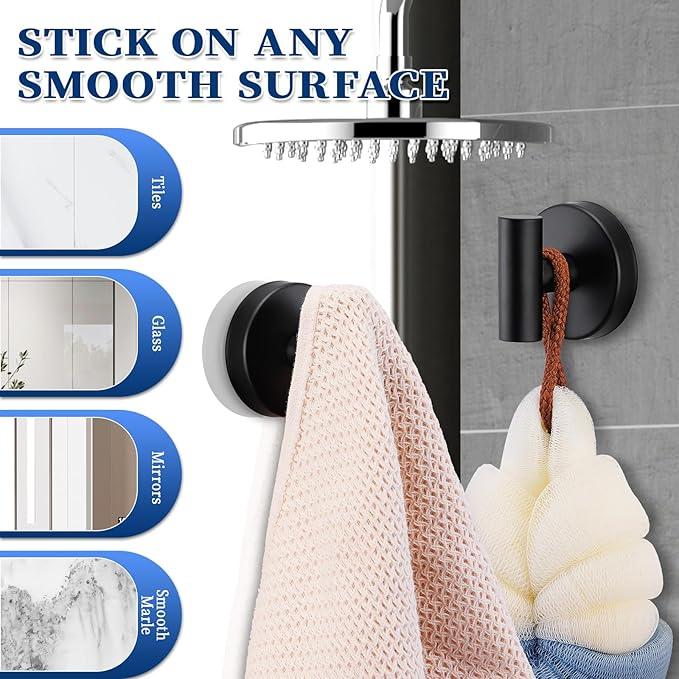 warlve Suction Cup Hooks No Drill Stainless Steel Shower Hooks Towel Hook Robe Hook Heavy Duty on Smooth and Non-Porous Surfaces in Bathrooms Kitchen Bedroom (2, Matte Black)