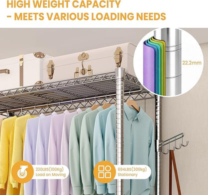 Garvee 3 Tier Clothes Rack with Wheels, Adjustable Shelves & 2 Hanging Rod, Heavy Duty Clothing Rack Closet Organizer Freestanding Wardrobe for Hanging Clothes, 75.6" H x 45.3" W x 15.8" D, Silver
