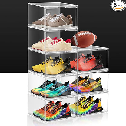 3BBYJL 5 Pack Plastic Sneaker Shoe Display Case Size 13, Clear Stackable Shoe Storage Boxes with Acrylic Magnetic Door, Shoe Containers for Sneaker Storage, Hats, Figure, Collectible