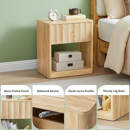 Bifins Fluted Dresser, Small Nightstands Set of 2, Natural Bedside Table with Drawer and Storage, Mid Century Modern Side Table for Bedroom Sofa