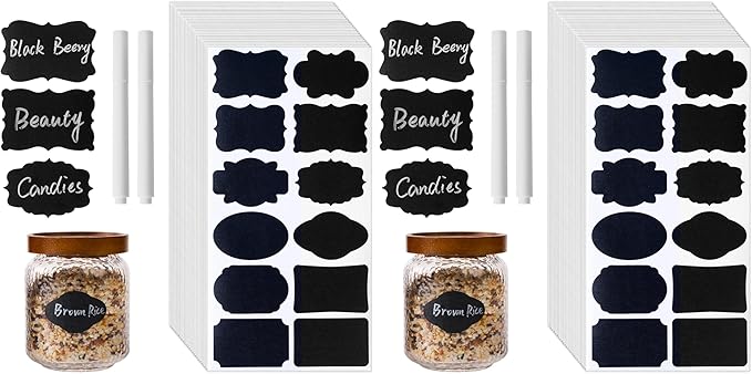 360Pcs Chalkboard Labels – 2.1x1.4 Inch Reusable Blackboard Stickers with 2 White Erasable Chalk Markers, 12 Assorted Shapes, for Mason Jars, Food Containers, and Pantry Storage (Pack of 2)