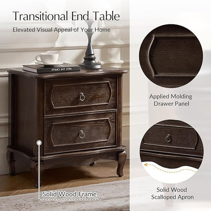 HULALA HOME Nightstand with 2 Drawers of Sculpted Drawer Front, French End Table with Curved Tabletop, Vintage Night Stand with Charging Station, Solid Wood Legs(Walnut)