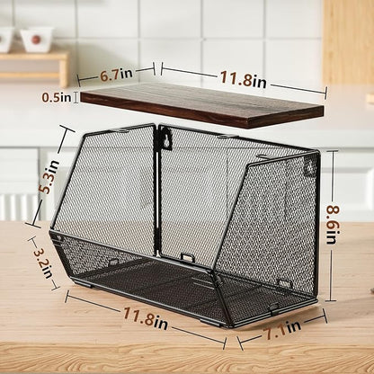 3-Pack Stackable Wire Basket with Wood Lid - Wall Mounted Fruit & Vegetable Bowl for Kitchen, Potato & Onion Storage