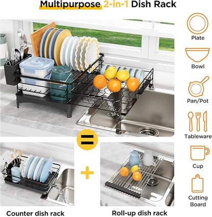 NETEL Dish Rack, Extendable Dish Drying Rack, Dish Drainer for Kitchen Counter, Dish Strainer with Utensil Holder, Over The Sink Dish Drying Rack with Automatic Drainage System