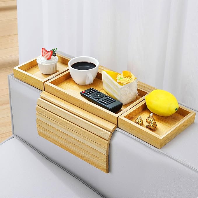 Couch Arm Tray, Expandable and Foldable Couch Armrest Table, Natural Bamboo Sofa Arm Tray, Non-Slip Armrest Organizer for Drink, Cup, Snack, Control, Fruit, Easy to Clean, Natural