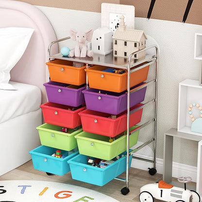 GOFLAME 10-Drawer Rolling Storage Cart, Art Craft Storage Organizer on Wheels, Multipurpose Movable Utility Cart for School, Office and Home, Multicolor