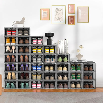 MCIJRJOI 10 Pack Hard Sturdy Thickened Rigid XX Large Shoe Storage Organizer for Closet, Clear Stackable Sneaker Shoe Boxes Rack Containers Display Case Bins with Lids, Black Clear02