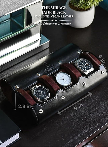 Watch Roll Case Organizer - Watch Travel Case for Men and Women - 3 Watch Carrying Case and Display - Jade Black with Mahogany Brown Interior Vegan Leather