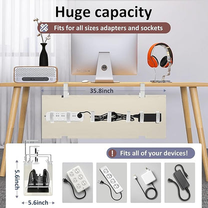 36" Under Desk Cable Management Tray for Home Office, No Drill Cord Organizer for Glass & Wood Table, Anti-Sag Oxford Fabric Wire Management Hider, Fits Surge Protector (Beige, 35.8")