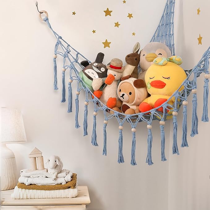 Stuffed Animal Toy Storage Hammock with LED Light-Macrame Jumbo Doll Room Organizer Mesh Decoration-Hanging Storage Nets Kids Bedroom(Blue Beads)