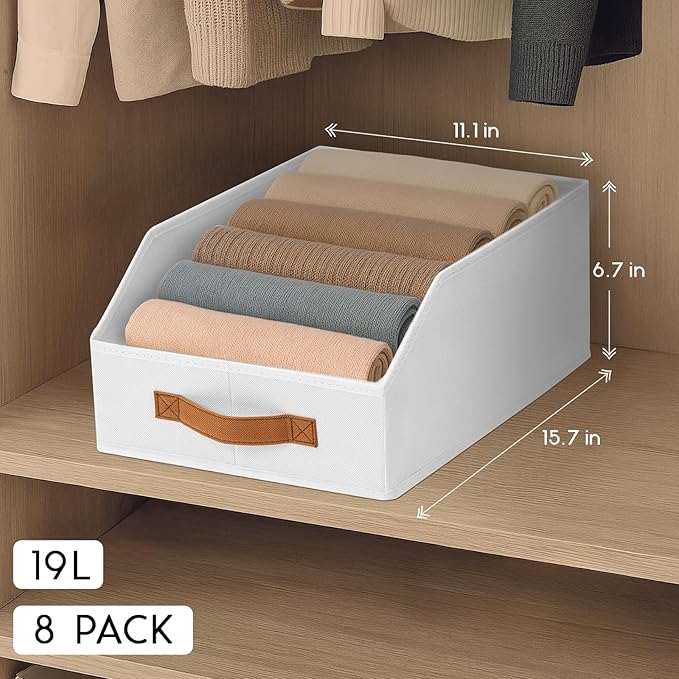 Fabric Storage Bins for Organizing - 8 Pack Large Trapezoid Collapsible Storage Bins with Front Handle, Closet Organizers and Storage for Bedroom, Home Shelves, Small Spaces, White