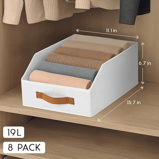 Fabric Storage Bins for Organizing - 8 Pack Large Trapezoid Collapsible Storage Bins with Front Handle, Closet Organizers and Storage for Bedroom, Home Shelves, Small Spaces, White